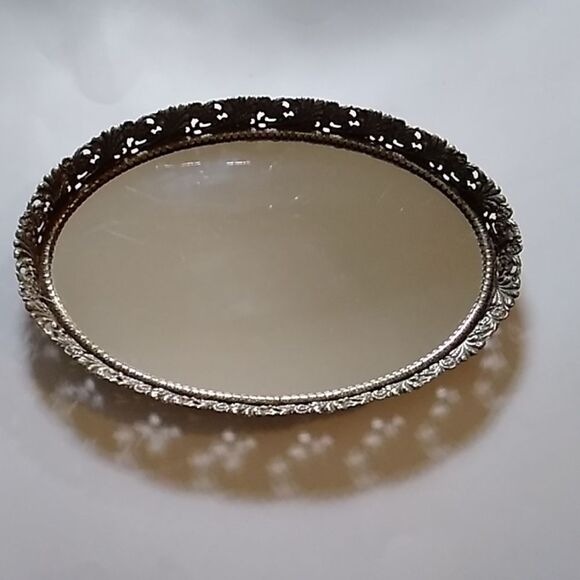 Vintage Other - By Sale Vintage Oval Tone Gold Brass Vanity Perfume Tray Mirror